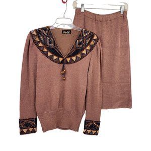 Vintage Elizabeth‎ New York knit beaded sweater skirt set size M-L creamy brown
